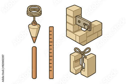Essential tools and materials for masonry and construction work including plumb bob and building blocks