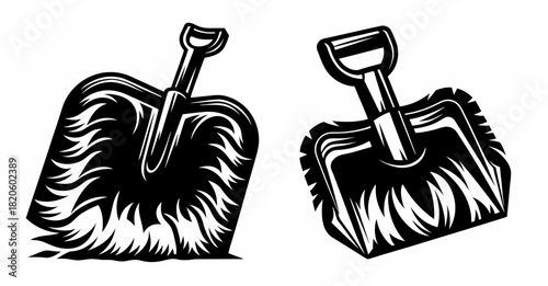 Two shovels digging into snow with textured strokes showing winter snow removal tools