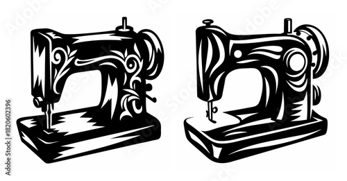 Vintage sewing machines two classic models side by side black and white retro design