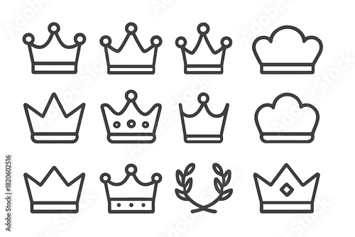 Set of royal crowns, king and queen headwear, laurel wreath, and chef hat symbols