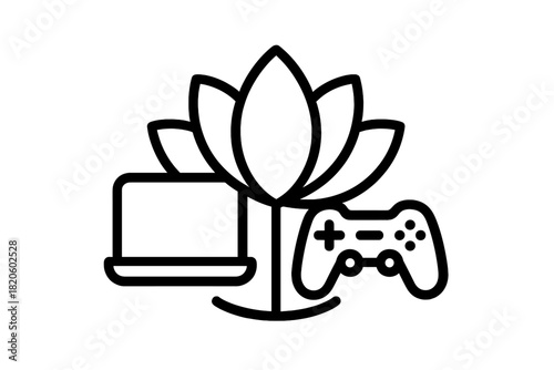 Lotus flower, computer, and gamepad symbolizing harmony between technology and nature