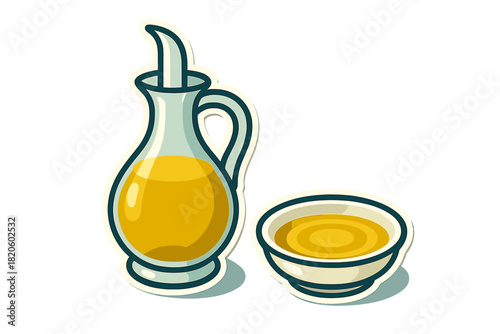 Stylized glass carafe pitcher and small serving bowl filled with golden cooking oil