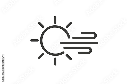 Minimalist black and white weather forecast symbol showing bright sun and strong wind