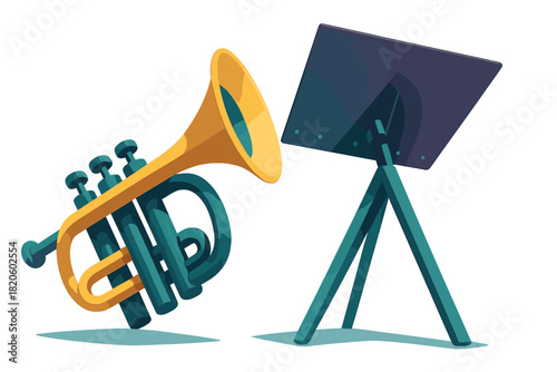 Stylized brass trumpet and sheet music stand ready for a musical performance