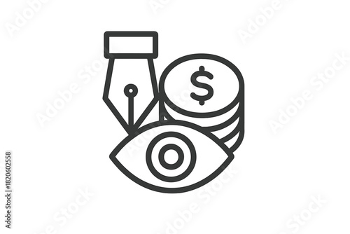 Creative business finance oversight concept with pen nib, dollar coins, and human eye icon