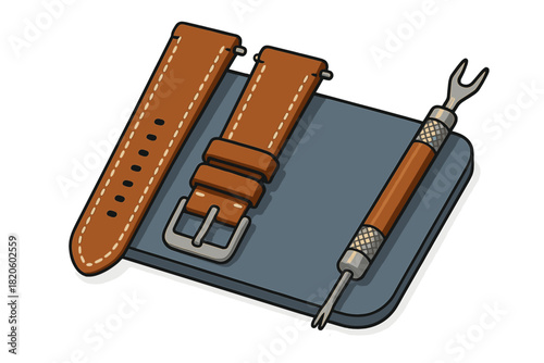 Brown leather watch strap with metal buckle and spring bar removal tool