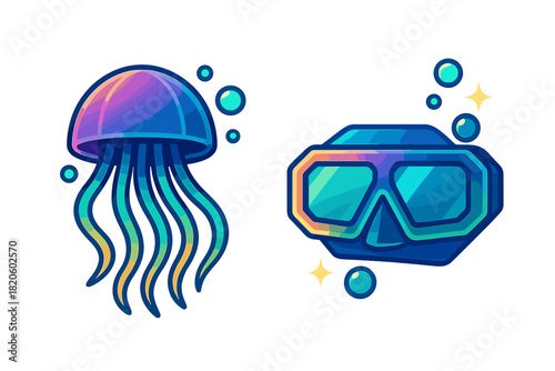 Vibrant glowing jellyfish and scuba diving mask with bubbles and stars on a white background
