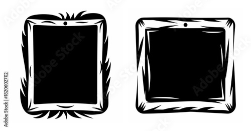 Two hand drawn style tablet devices displaying black screens with stylized borders and top camera lens