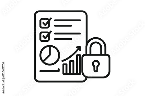 Digital security padlock protecting a financial report and data analysis document