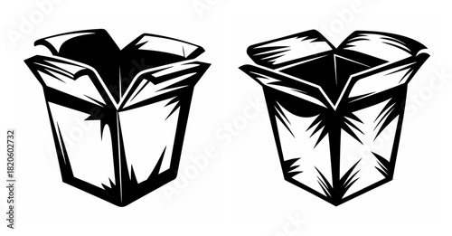 Two open takeout food containers in sketchy black and white style for delivery packaging and cuisine design