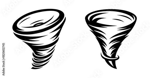 Two black and white sketches of swirling tornadoes indicating severe weather warnings and atmospheric power