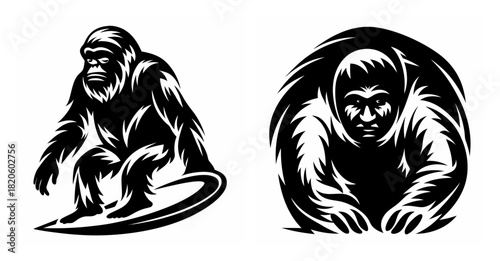 Surfing gorilla and orangutan depicted in a bold black and white artistic style
