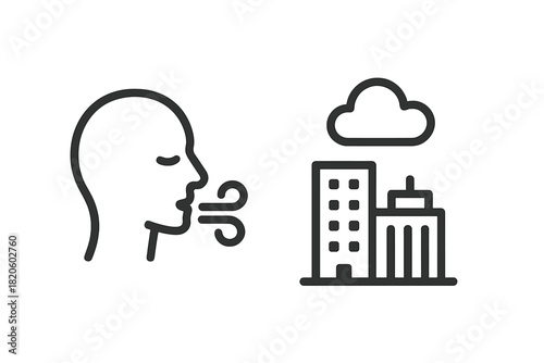 Human profile exhaling next to city buildings symbolizing air quality or urban pollution