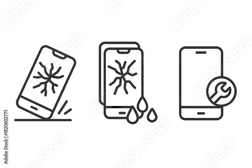Mobile phone damage and repair service symbols showing cracked screen and water damage