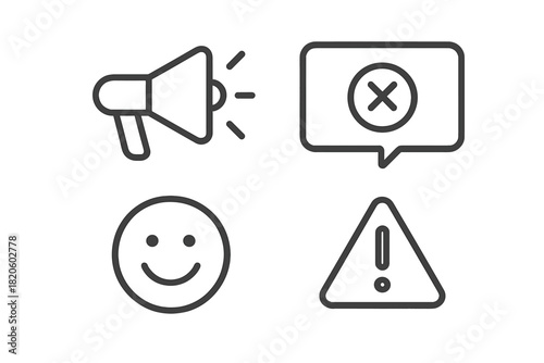 Essential communication and feedback icons: megaphone, error message, happy face, and warning sign