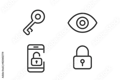 Security and privacy symbols set featuring key, eye, padlock, and mobile access icons