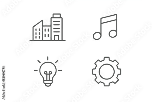 Essential business and lifestyle symbols: city building, music note, lightbulb, and gear