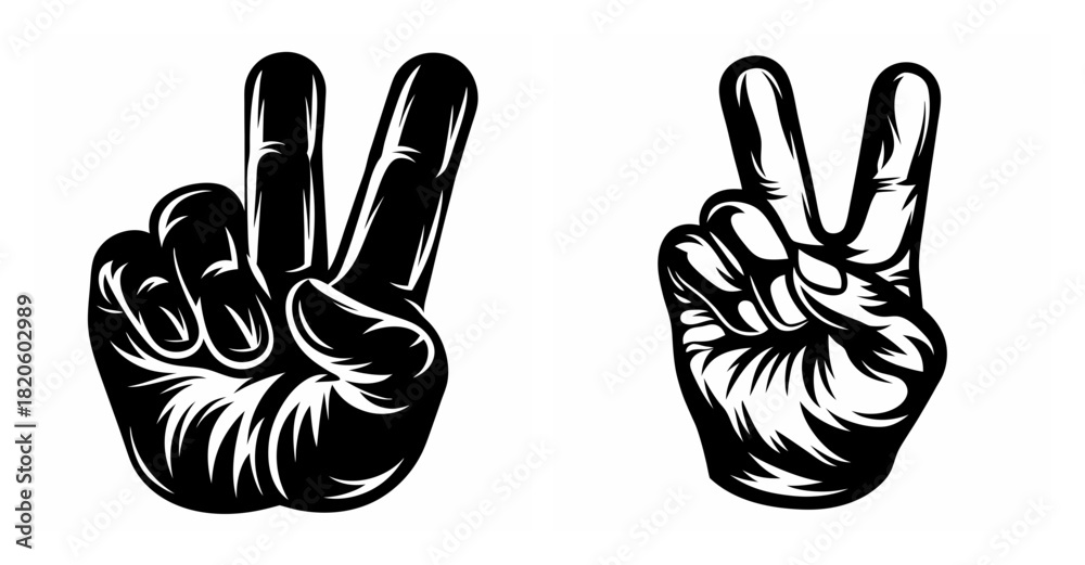 Fototapeta premium Two expressive black and white hands making the peace symbol in a striking graphic art style
