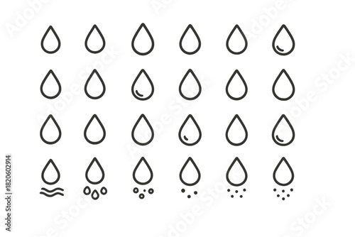 Minimalist line symbols featuring various shapes and states of water drops, rain, and moisture