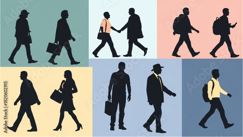 Silhouettes of People Walking Diverse Crowd in Motion Illustrations
