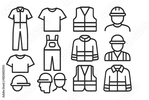 Personal protective equipment and workwear icons for construction and industrial safety