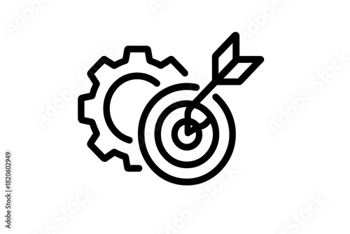 Cogwheel overlapping bullseye target struck by arrow for strategic success