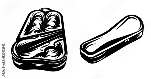 Two detailed black and white drawings of violin cases one open showing cradling shapes and the other closed