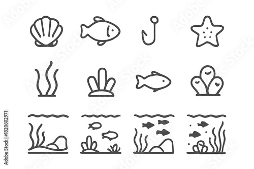 Simple outline icons depicting marine life, ocean creatures, and underwater environment