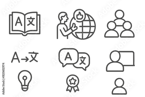 Line icons for language learning, global translation, teamwork, and business success