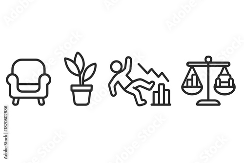 Minimalist symbols for home, finance, investment risk, and legal balance concepts