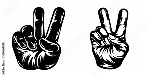 Two expressive black and white hands making the peace symbol in a striking graphic art style