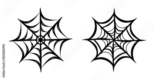 Two hand-drawn spooky black spiderwebs isolated icons for halloween decoration and graphic design projects