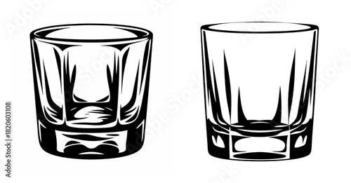 Two clear whiskey glasses showing faceted bases and simple cylindrical tops