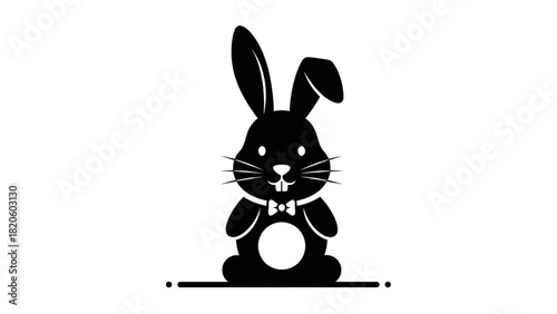 Elegant black rabbit silhouette with a bow tie, a minimalist design concept for a logo or icon