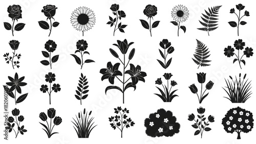 Black and White Floral Silhouette Collection Roses, Lilies, and Various Botanical Elements
