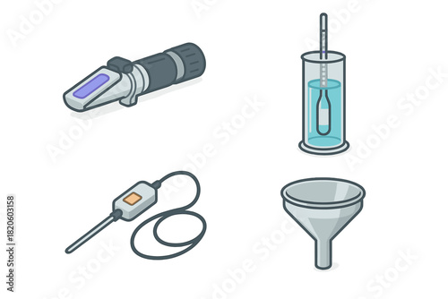 Essential laboratory equipment set with refractometer hydrometer probe and funnel for scientific analysis