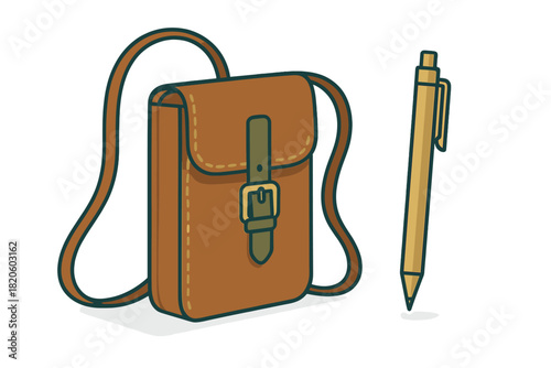 Classic brown leather satchel bag with shoulder strap and golden writing pen