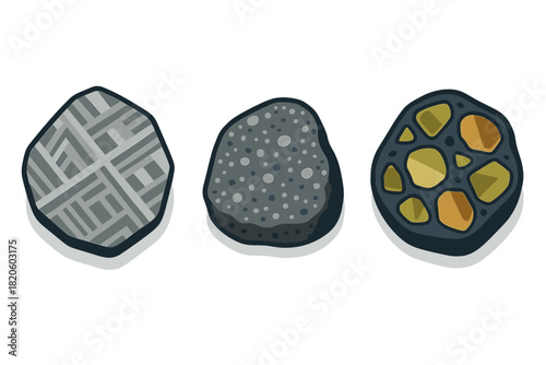 Three different types of meteorites showing various internal structures and textures