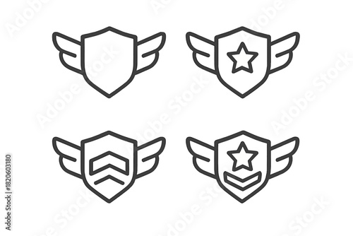 Outline icons of winged shields featuring stars and chevron symbols for ranking