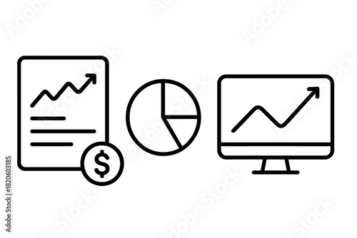 Financial data analysis symbols showing growth charts, pie chart, and monetary reports