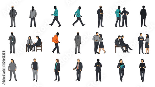 Collection of Diverse Silhouettes of People in Various Poses and Attire