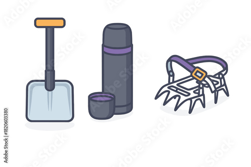 Essential equipment for winter hiking and mountaineering including a shovel, thermos, and crampons