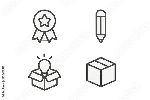 Outline symbols for business success, innovation, design tools, and product delivery