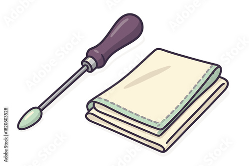 Maintenance kit with cleaning rod and folded fabric patch on white background