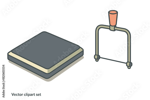 Wire cheese cutter tool slicing a rectangular block of food in isometric perspective