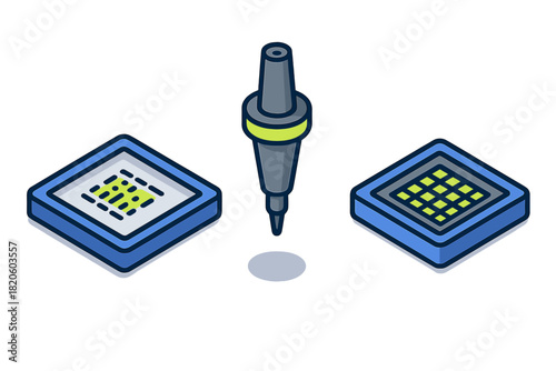 Precision tool tip hovering between two square microchip components in an isometric view