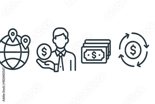 Outline icons representing global finance, investment, currency, and transactions