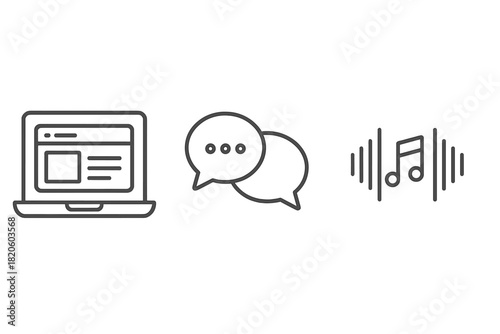 Digital media and online communication symbols including laptop, chat, and music notes