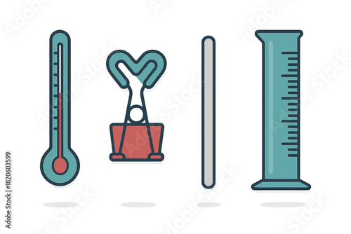 Flat design icons of laboratory equipment including thermometer and measuring cylinder