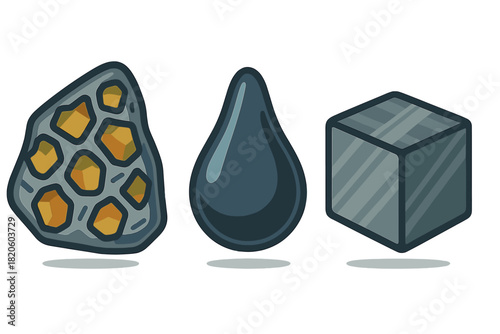 Natural resources icons showing coal, crude oil, and metal ore cube